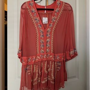 Free People chiffon 3/4 sleeve top with beading